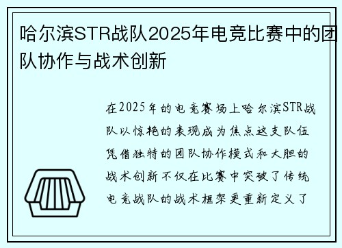 哈尔滨STR战队2025年电竞比赛中的团队协作与战术创新