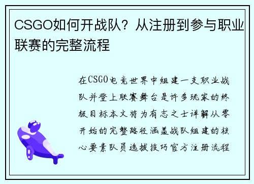 CSGO如何开战队？从注册到参与职业联赛的完整流程